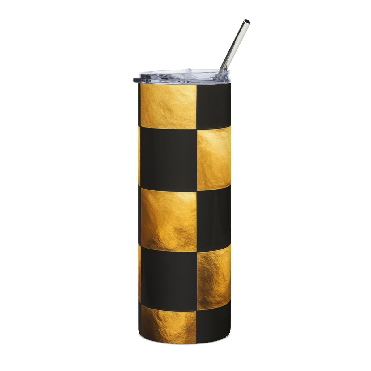Gold & Black Checker Stainless Tumbler 20oz — Metallic Checkered Travel Cup