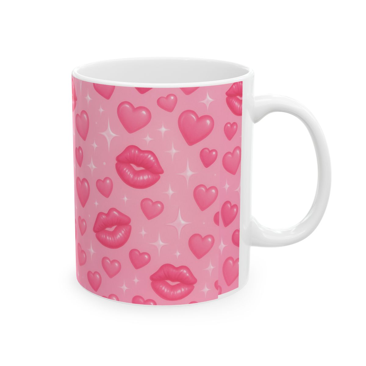 Ceramic Mug — Pink Kisses & Hearts Pattern (11oz/15oz)