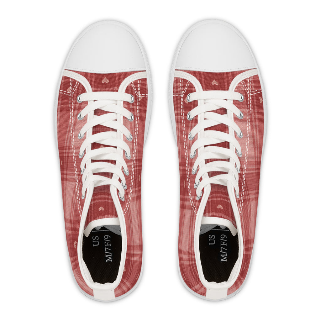 Women's Red Plaid High Top Sneakers – Cute Heart Accent Canvas Shoes