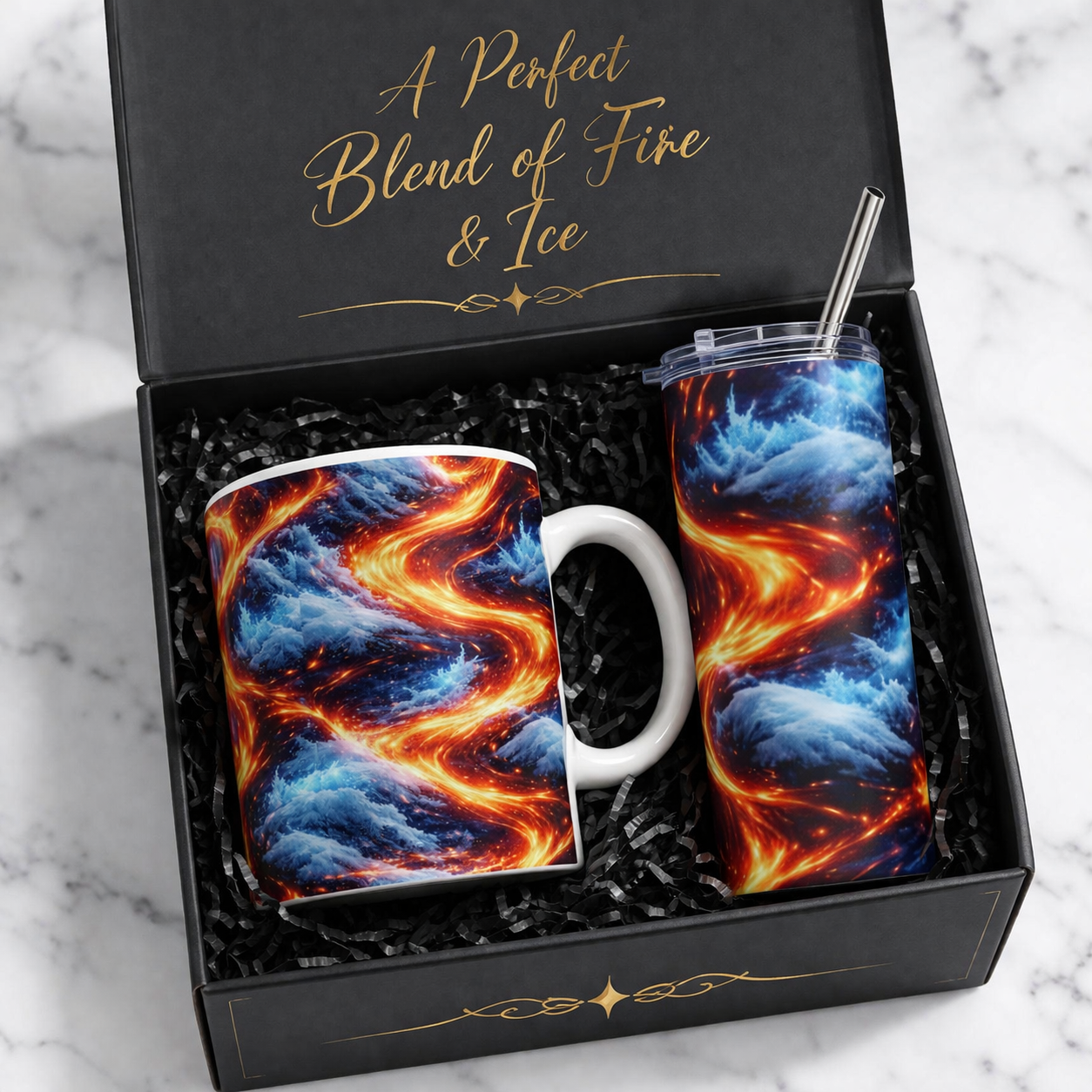 Fire & Ice Luxury Drinkware Set | Cosmic Lava Ocean Mug & Tumbler Gift Box