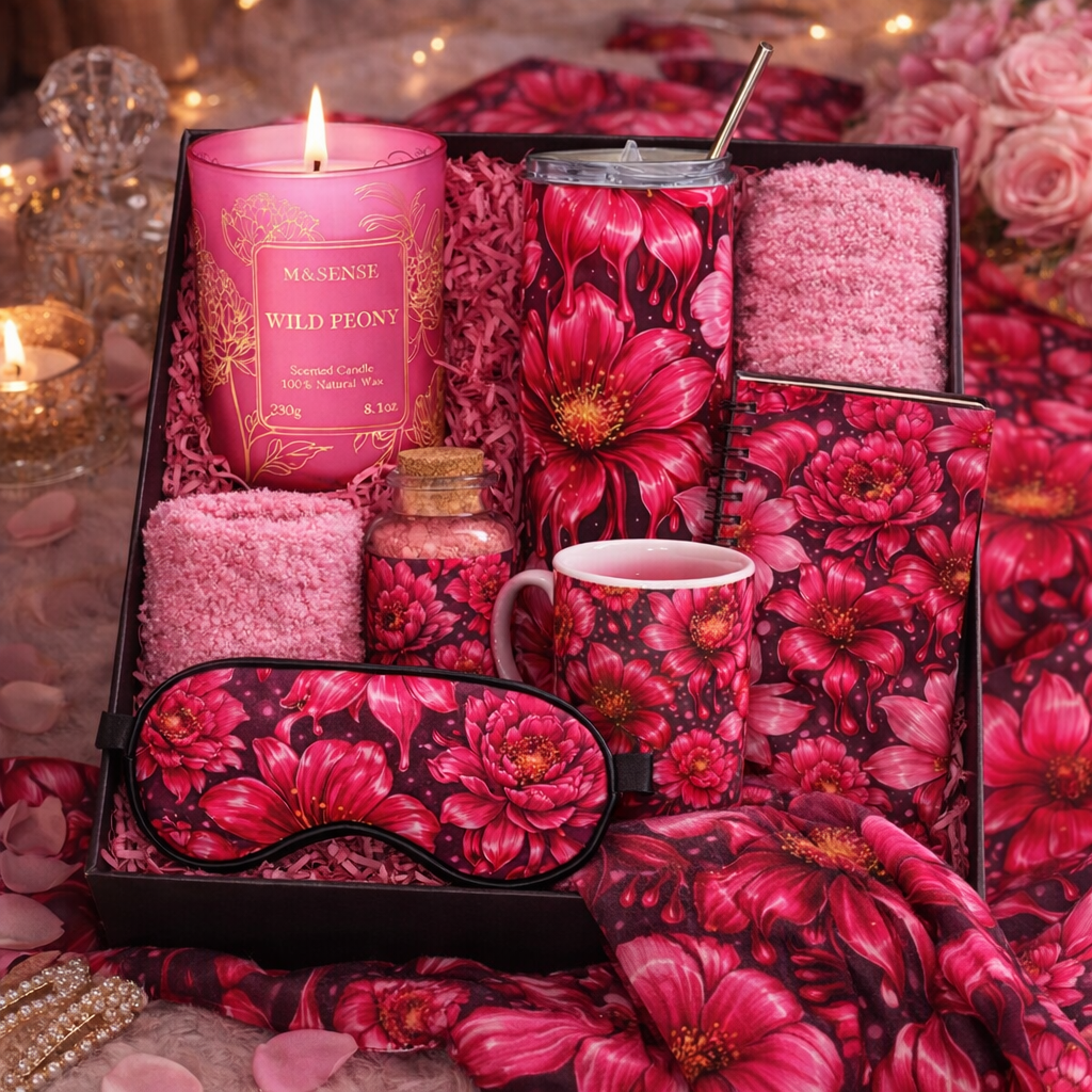 Luxury Floral Gift Box for Her – Mother’s Day Spa Bundle, Pink Self Care Set, Romantic Gift Box, Relaxation Gift for Mom, Girlfriend, Wife