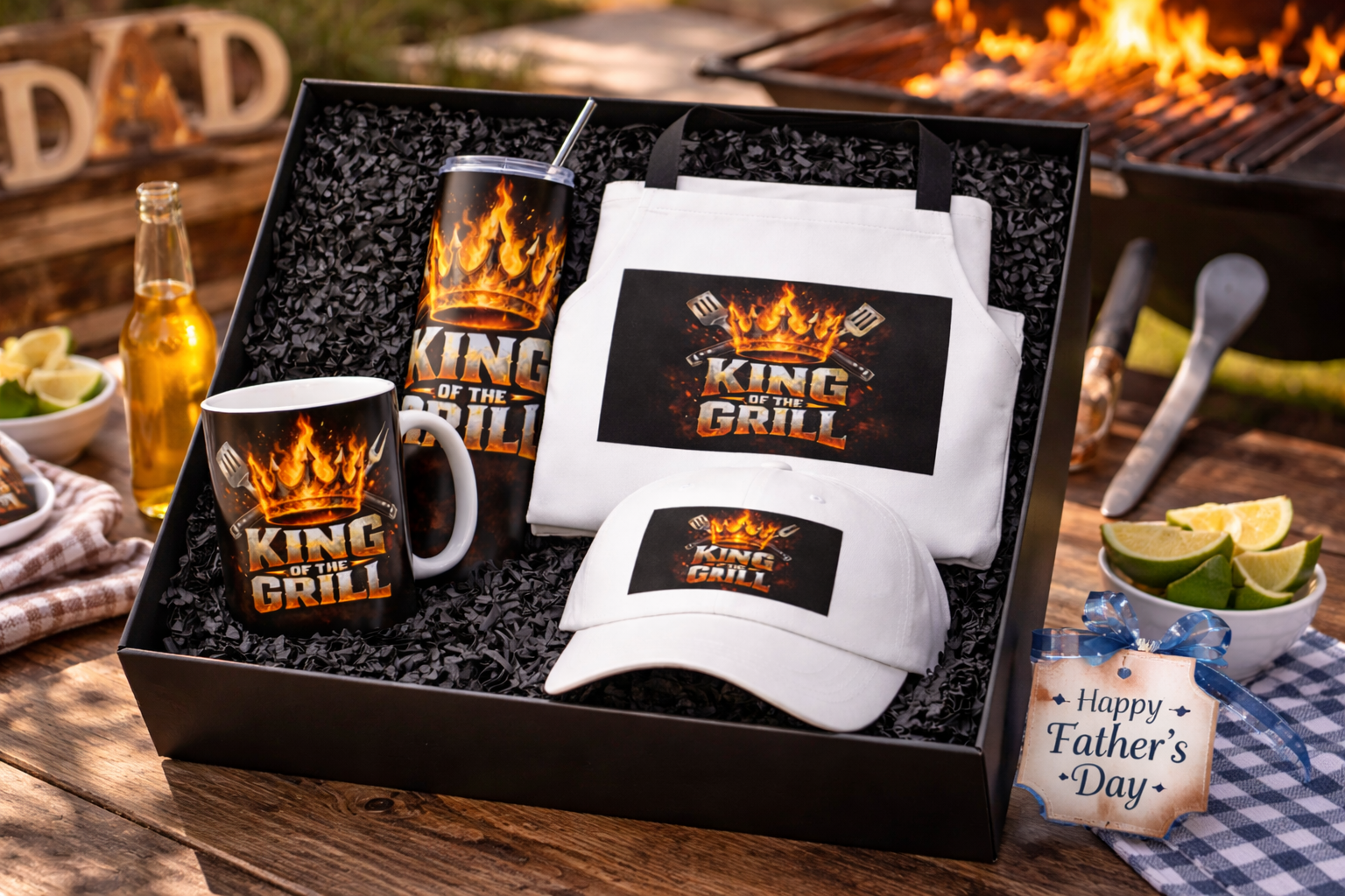King of the Grill Gift Box for Dad | Father’s Day BBQ Gift Set | Grill Master Bundle | Mug, Tumbler, Apron & Hat Gift