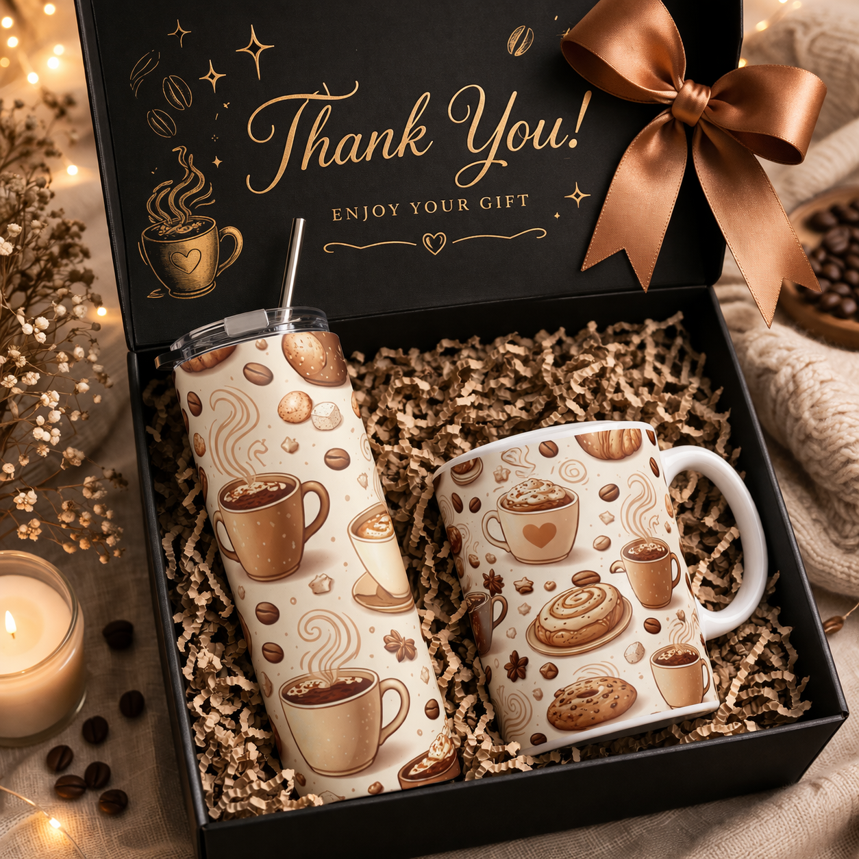 Cozy Coffee Mug & Tumbler Gift Box | Cute Latte Aesthetic Gift Set | Coffee Lover Gift for Women | Warm Cozy Self Care Bundle