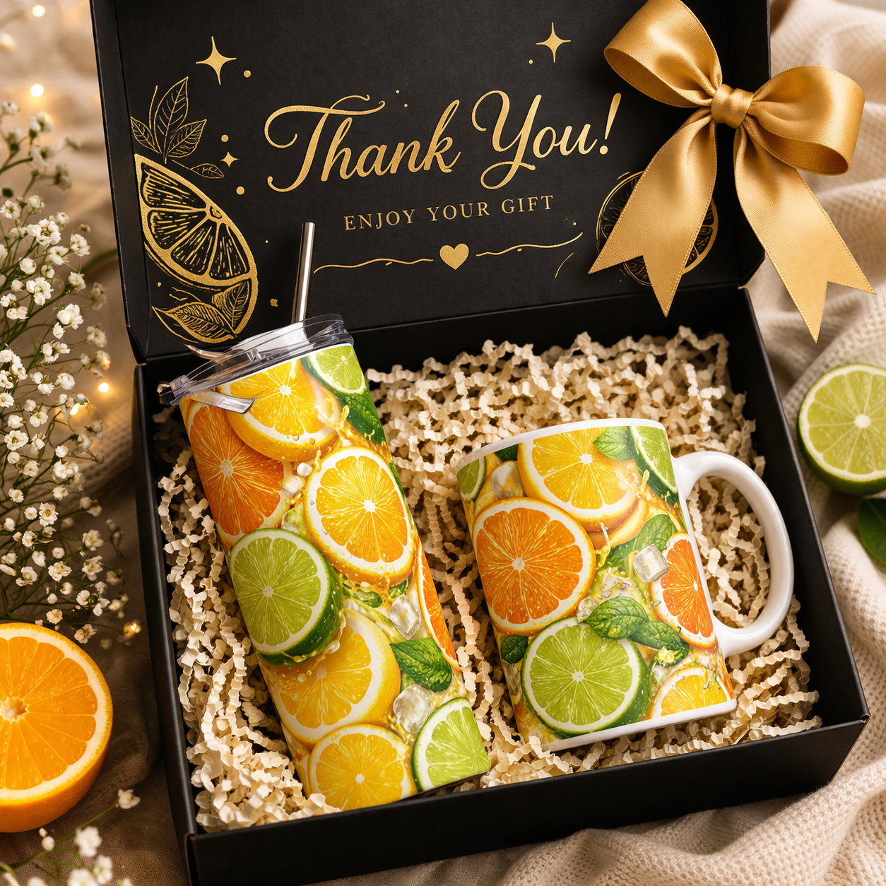 Citrus Mug & Tumbler Gift Box | Lemon Orange Aesthetic Gift Set | Summer Coffee Lover Gift | Bright Fresh Fruit Design Bundle
