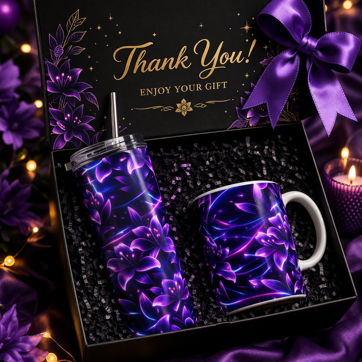 Neon Purple Lily Mug & Tumbler Set | Glowing Floral Aesthetic Gift | Trendy Coffee Lover Gift Box for Women