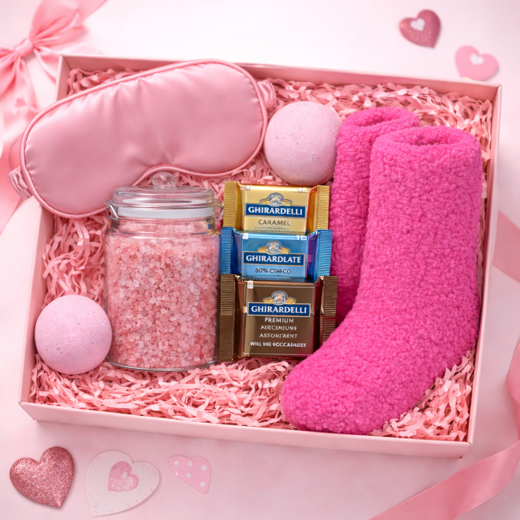 Pink Self Care Gift Box for Women | Spa Gift Set | Cozy Socks Chocolate Gift Basket | Relaxation Gift for Her | Birthday or Best Friend Gift