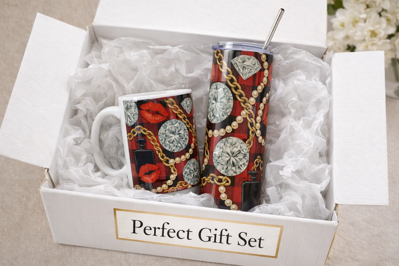 Luxury Plaid Mug & Tumbler Gift Set – Red & Black Designer-Inspired Coffee Mug (11oz) + Insulated Travel Tumbler (20oz), Chic Gift for Women & Fashion Lovers