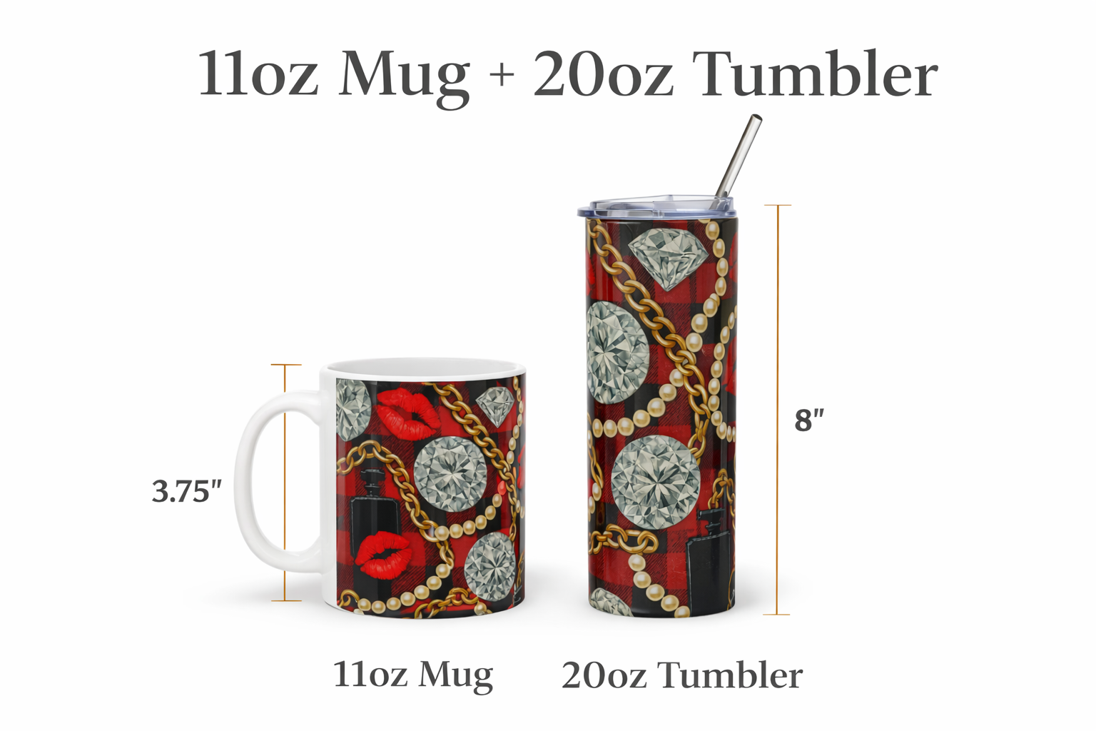 Luxury Plaid Mug & Tumbler Gift Set – Red & Black Designer-Inspired Coffee Mug (11oz) + Insulated Travel Tumbler (20oz), Chic Gift for Women & Fashion Lovers
