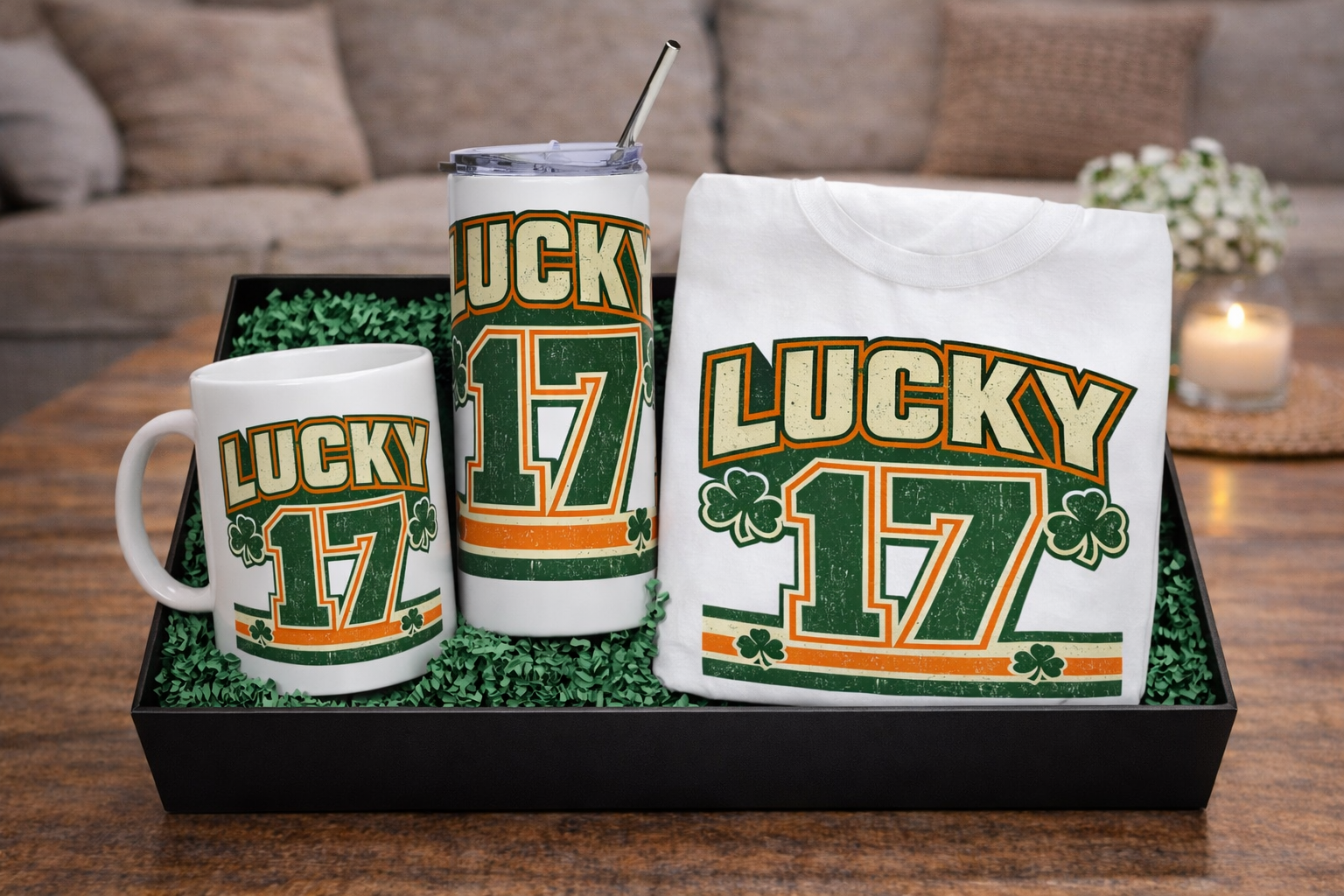Lucky 17 St. Patrick’s Day Gift Box | Shirt Mug & Tumbler Set