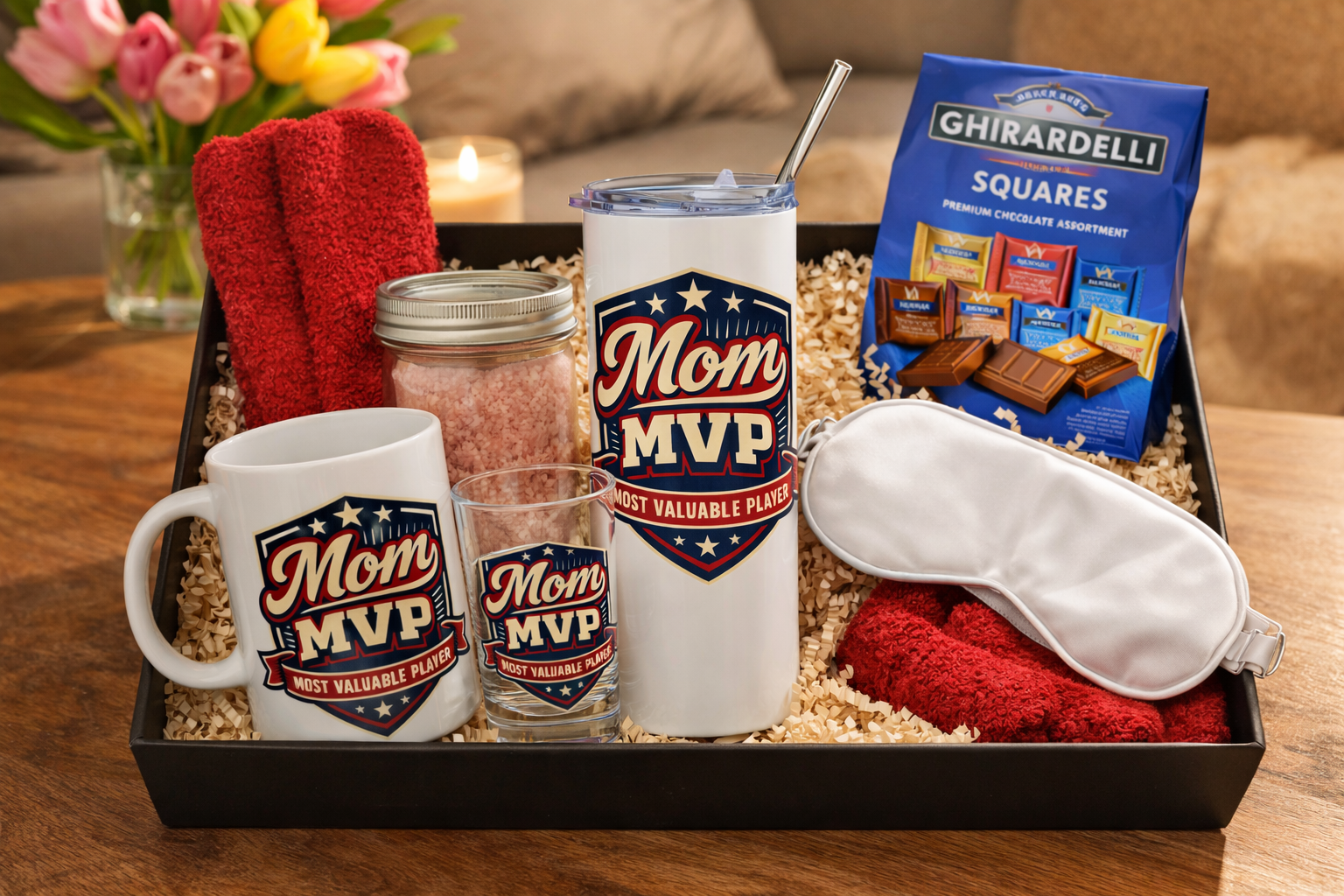 Mom MVP Gift Basket | Mug Tumbler Socks Spa Set