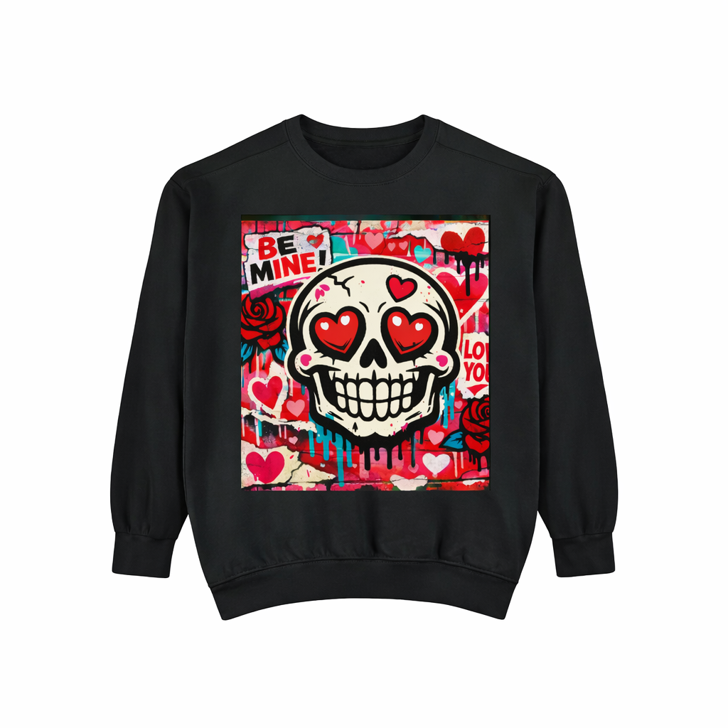 Valentine Skull Sweatshirt – 'Be Mine' Heart-Eye Skull Graphic Crewneck