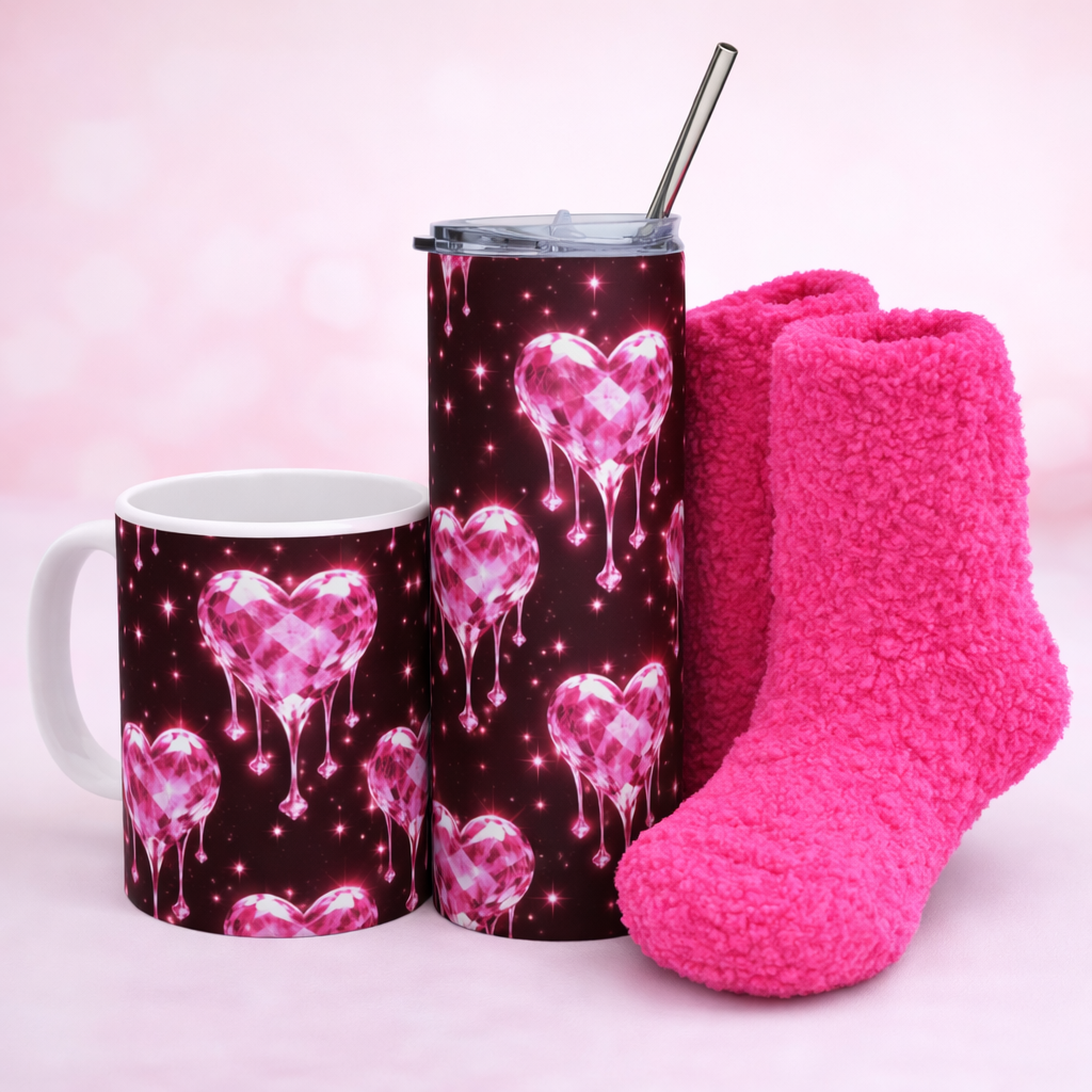 Dripping Crystal Hearts Valentine Cozy Bundle 💎💖 | Mug, Tumbler & Socks Set