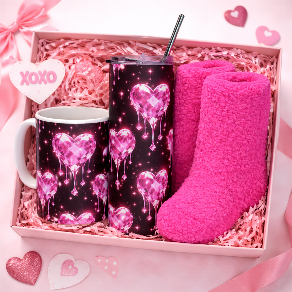Dripping Crystal Hearts Valentine Cozy Bundle 💎💖 | Mug, Tumbler & Socks Set