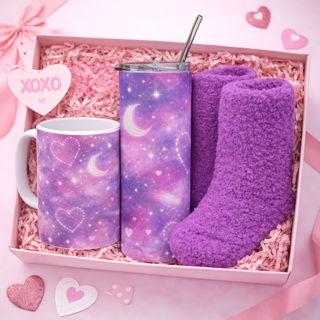 Purple Galaxy Love Cozy Bundle 🌙💜 | Mug, Tumbler & Socks Set