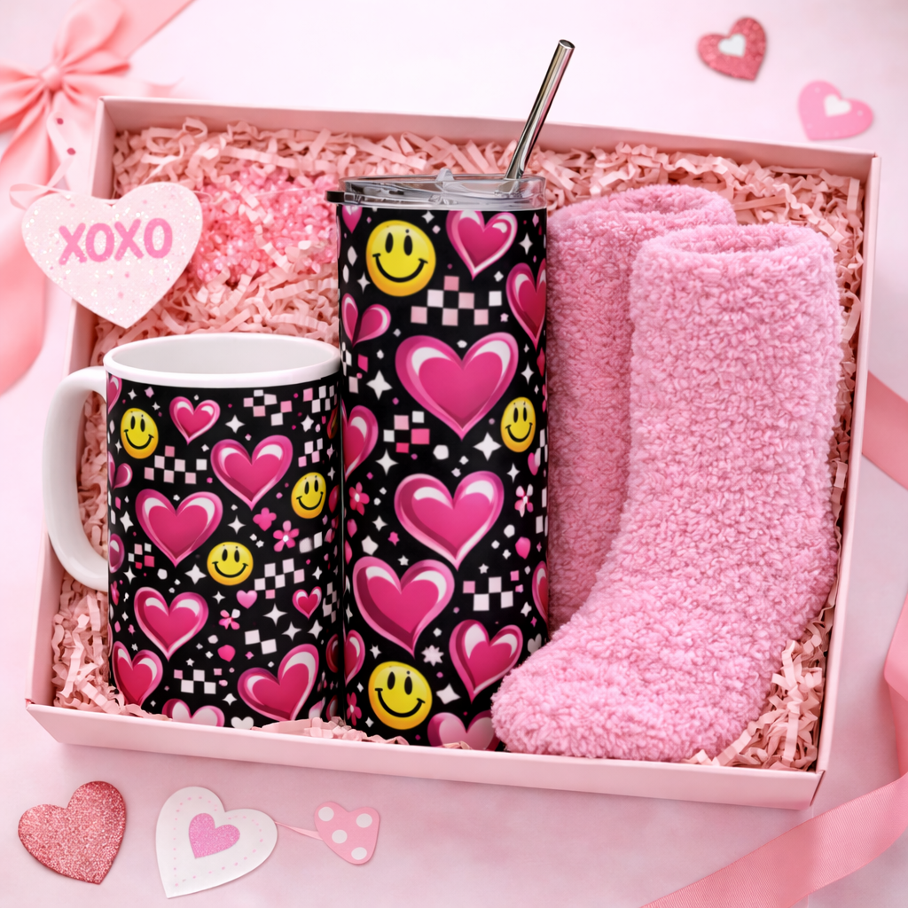 Y2K Heart Smiley Valentine Cozy Bundle 💖✨ | Mug, Tumbler & Pink Socks Set