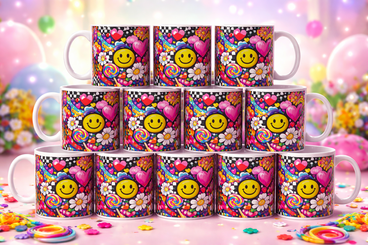 Retro Happy Vibes Mug | Colorful Smiley & Rainbow Ceramic Coffee Cup