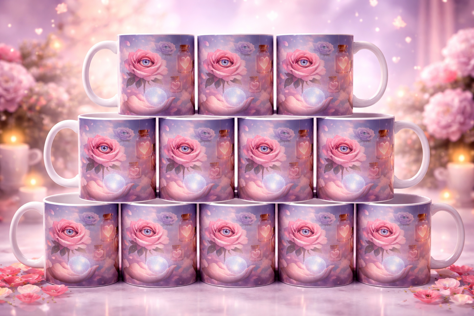 Mystic Rose Dream 12-Piece Mug Set – Fantasy Floral Heart Lantern Ceramic Collection