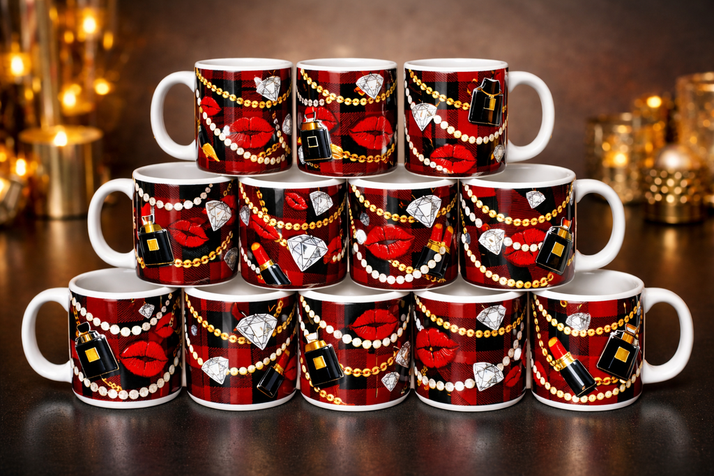 Luxury Plaid Glam 12-Mug Gift Set | Designer Style Ceramic Mug Collection
