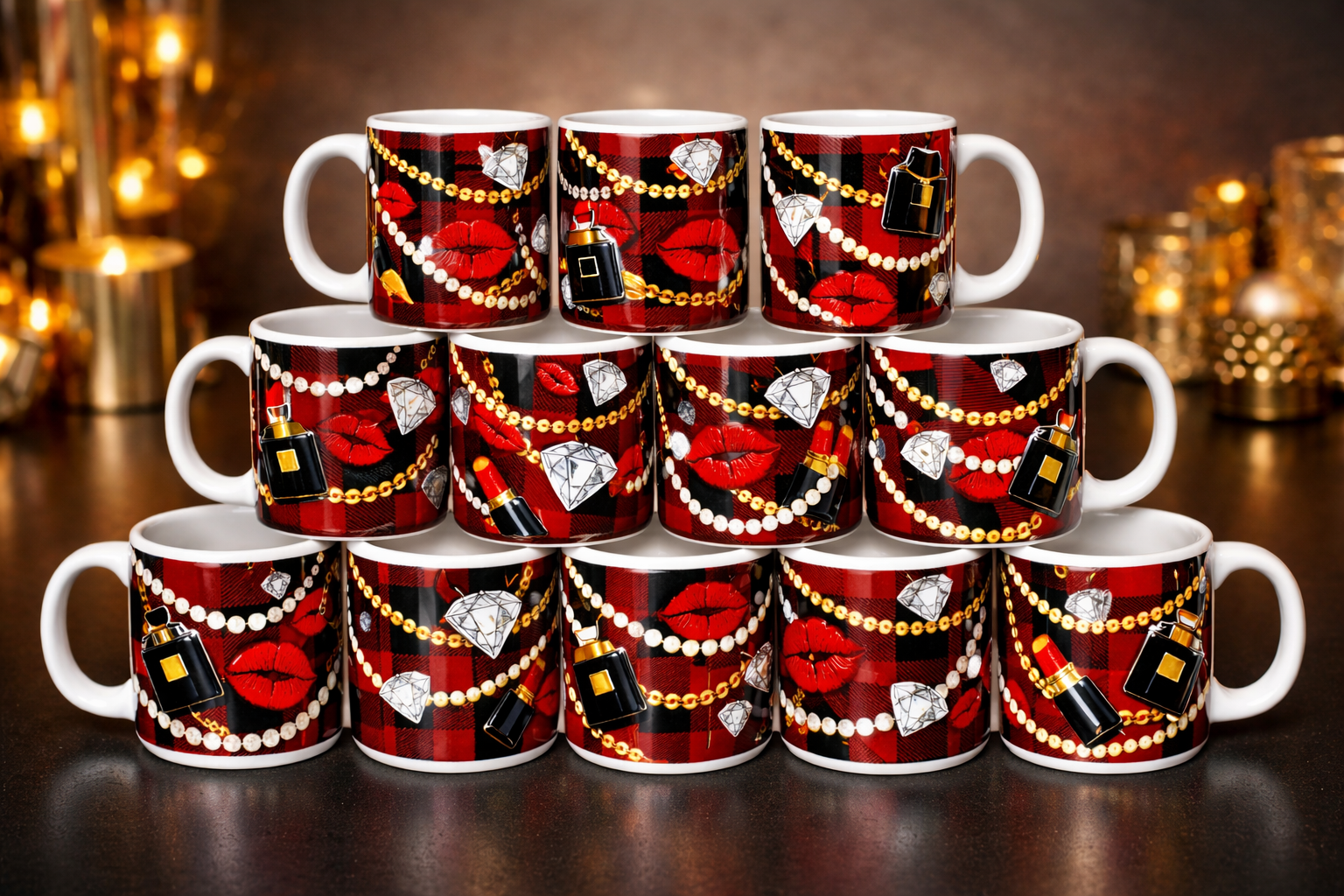 Luxury Plaid Glam 12-Mug Gift Set | Designer Style Ceramic Mug Collection