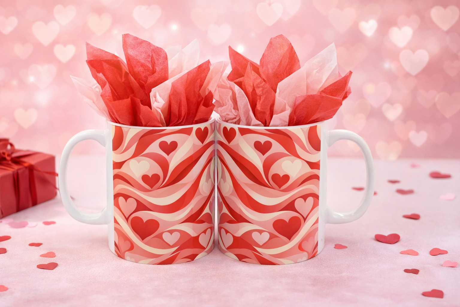💘 “Red Wave Love” Valentine Couple Mug Set – Romantic Heart Pattern Ceramic Mugs (2-Pack)