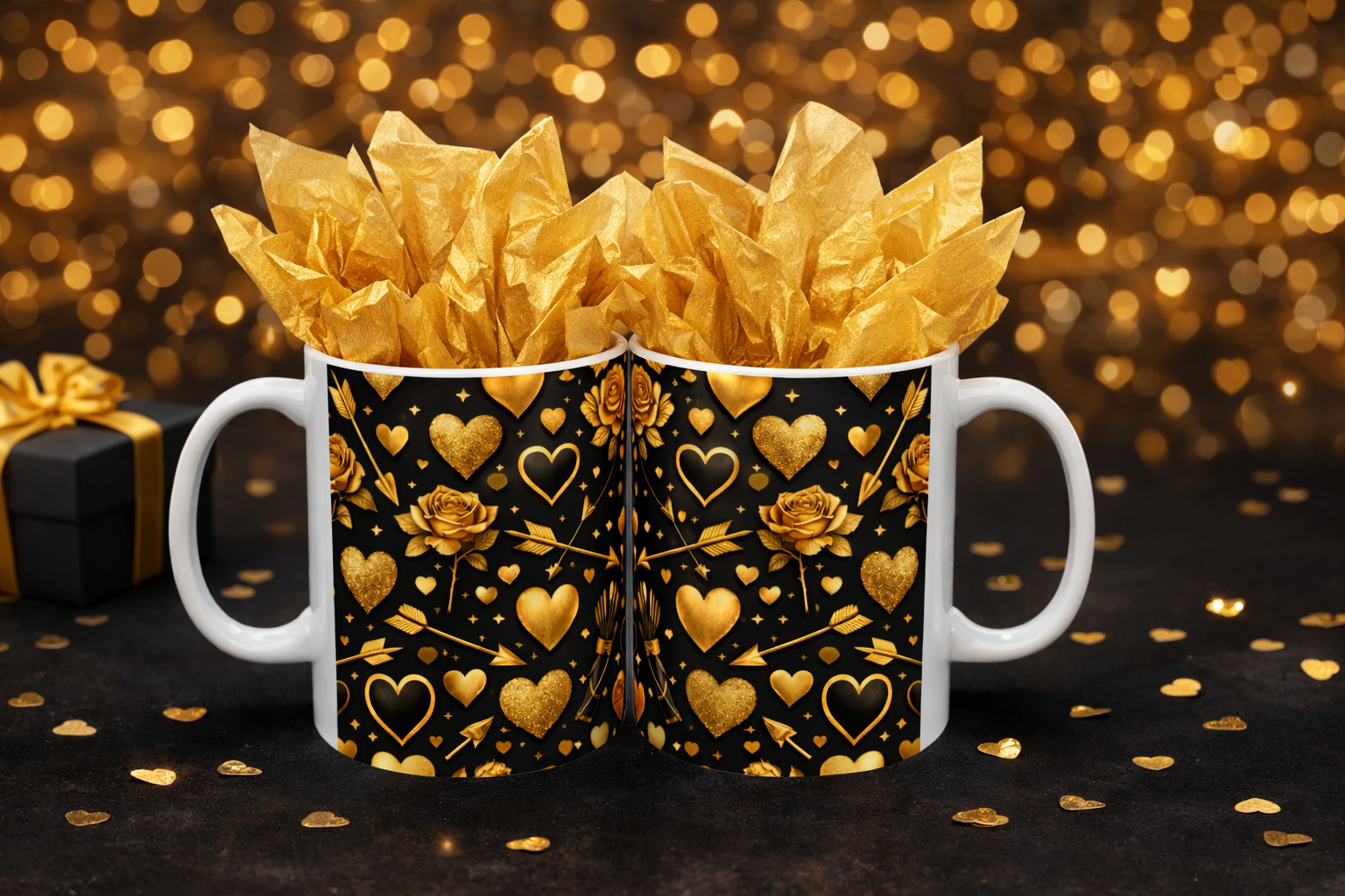 ✨ “Golden Romance” Black & Gold Couple Mug Set – Luxury Valentine Ceramic Mugs (2-Pack)