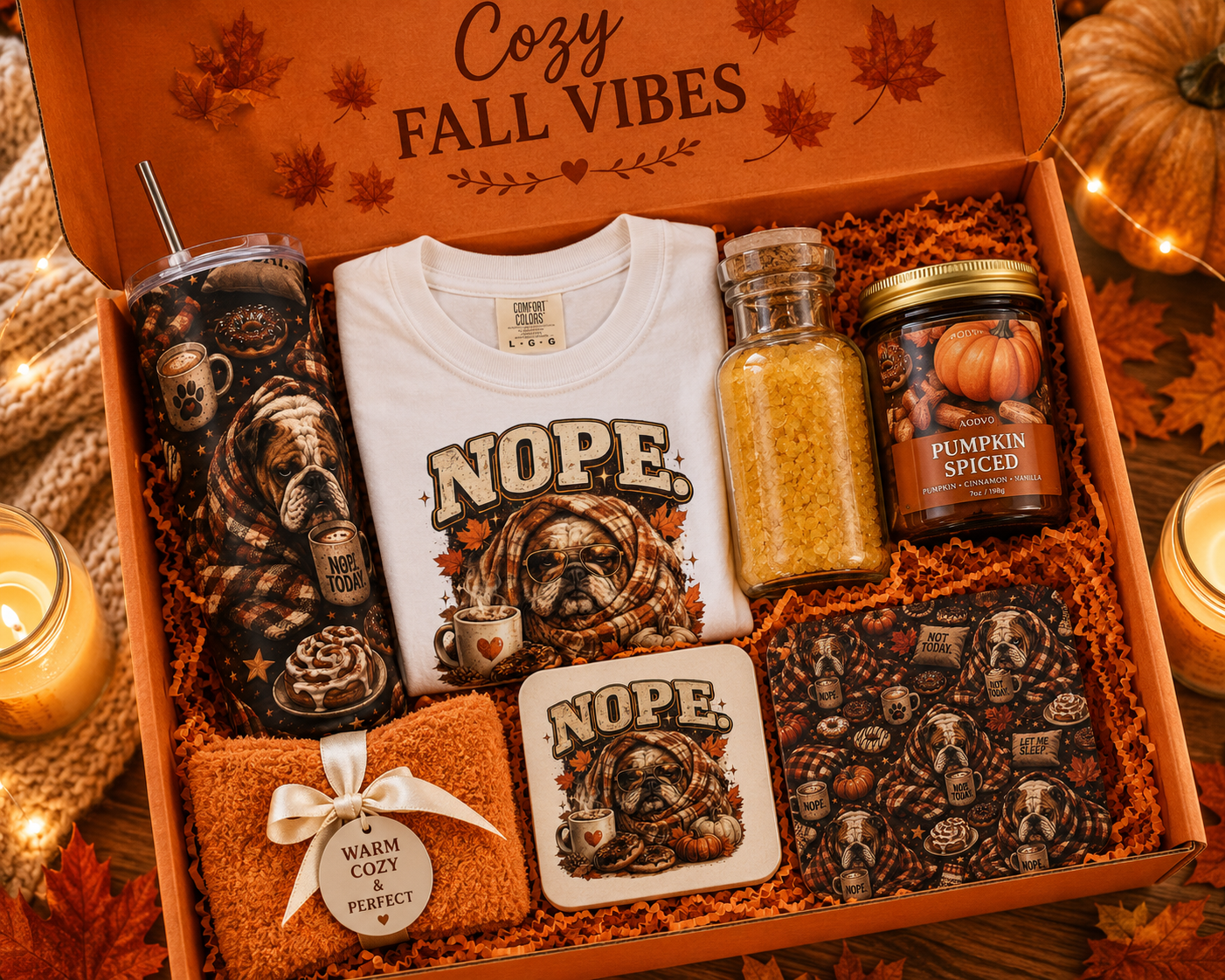 🍂 Cozy Bulldog "NOPE." Fall Comfort Gift Bundle