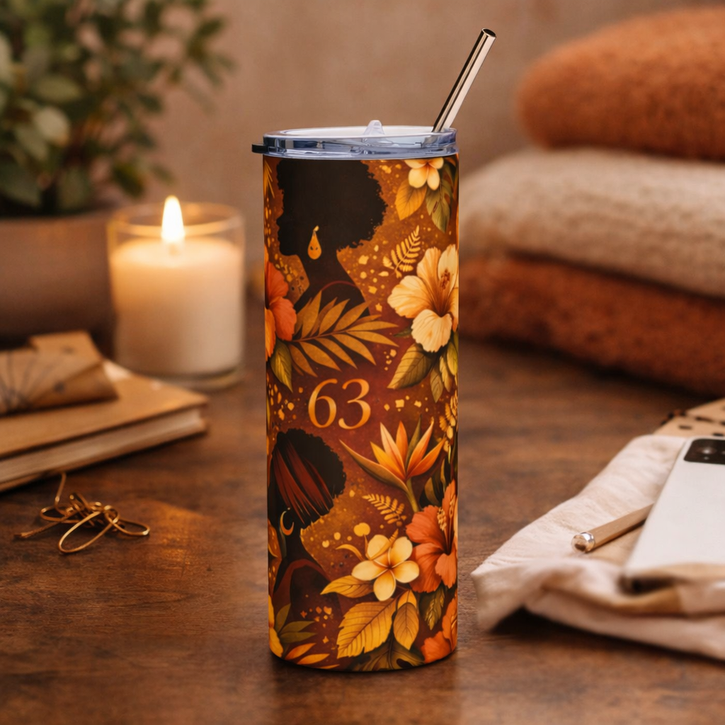 63rd Birthday Tumbler for Black Woman – Afro Floral Travel Mug – 63 Birthday Gift – African American Coffee Tumbler