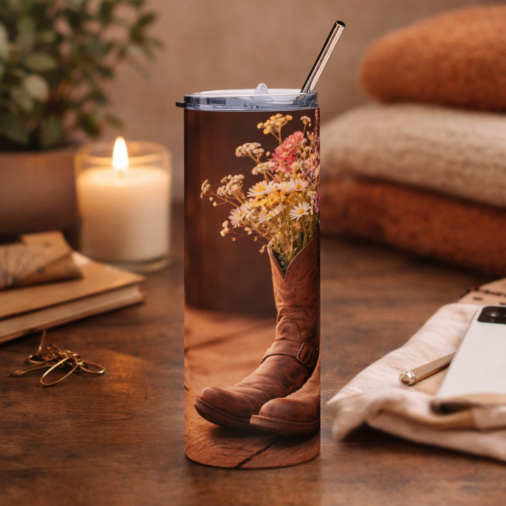 Western Cowboy Boot Tumbler – Cowgirl Wildflower Travel Mug – Rustic Country Coffee Cup – Western Gift for Her