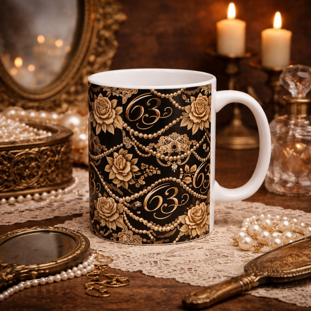 63rd Birthday Mug Elegant – Black Gold Floral Coffee Cup – 63 Birthday Gift for Mom or Grandma