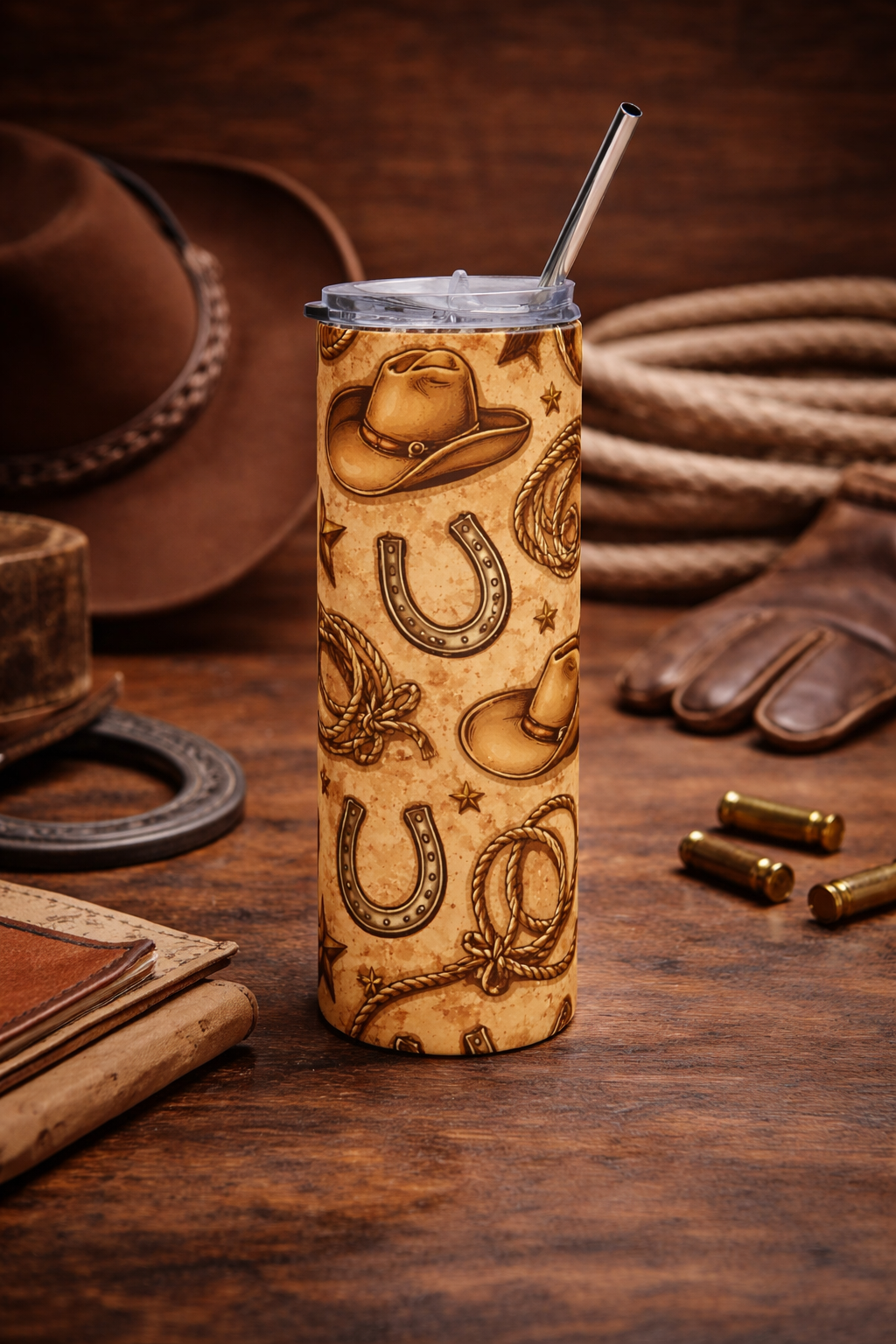 Western Cowboy Pattern Tumbler, Horseshoe Hat Rope Travel Mug, 20oz Country Western Drink Cup, Cowgirl Gift