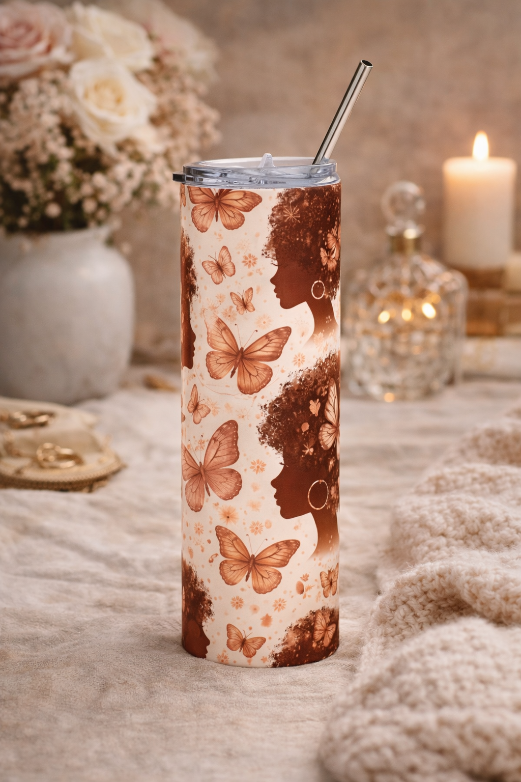 Black Woman Butterfly Tumbler, Afro Queen Travel Mug, Melanin Beauty Drink Cup, 20oz Stainless Steel Inspirational Gift