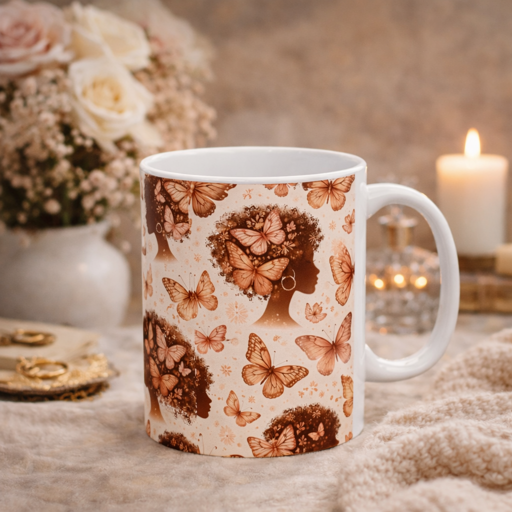 Black Woman Butterfly Coffee Mug, Afro Queen Mug, Melanin Beauty Coffee Cup, Inspirational Gift for Women