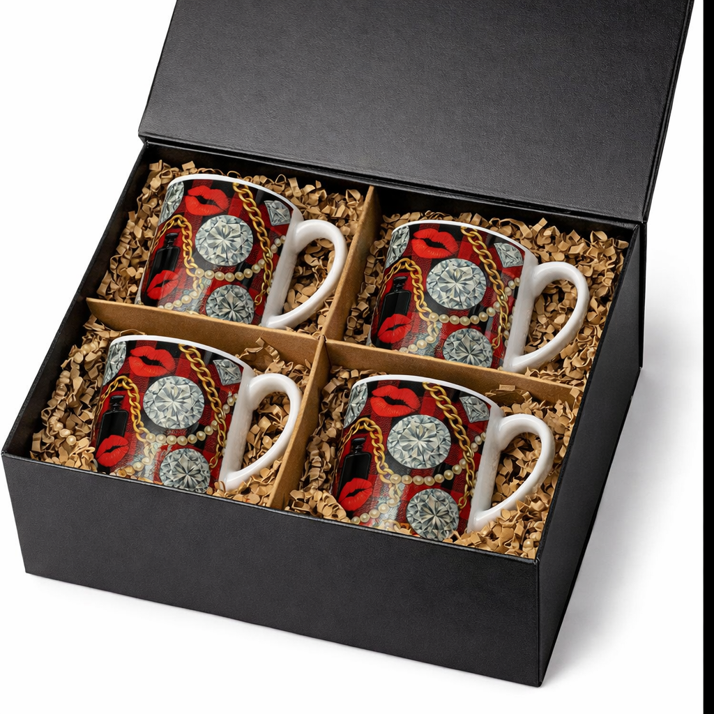 Luxury Glam Mug Gift Set – 4 Piece Designer Style Coffee Mug Box – Diamond & Lip Print Mug Bundle – Gift Set for Her, Best Friend, Birthday Gift