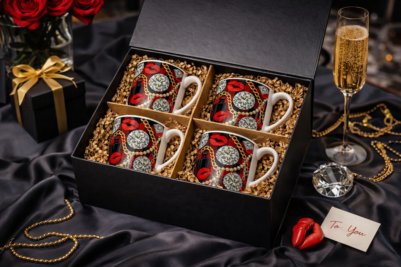 Luxury Glam Mug Gift Set – 4 Piece Designer Style Coffee Mug Box – Diamond & Lip Print Mug Bundle – Gift Set for Her, Best Friend, Birthday Gift