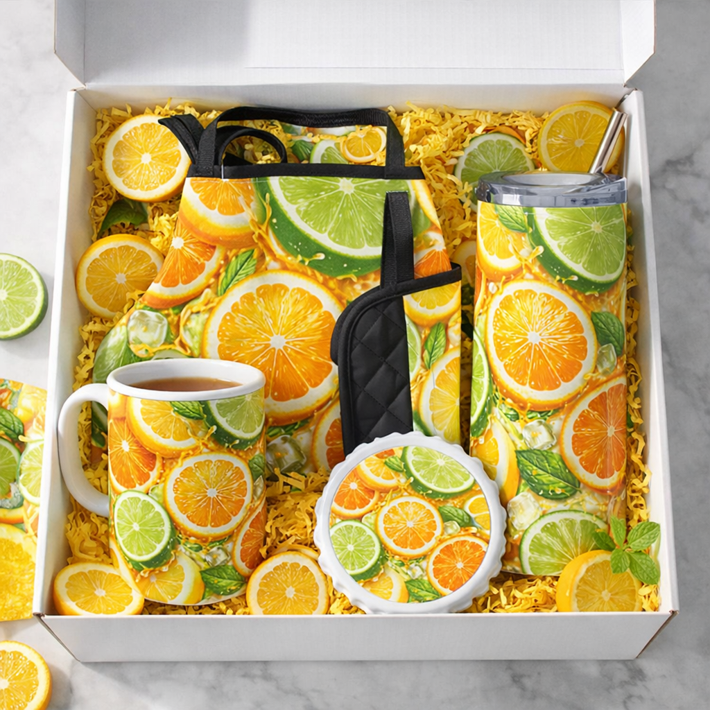Citrus Kitchen Gift Set | Lemon Lover Bundle Box | Mug, Tumbler, Apron & Cooking Accessories | Housewarming Gift | Bright Aesthetic Kitchen Set