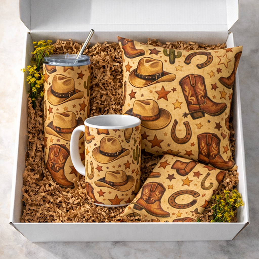 Western Cowboy Gift Set | Rustic Country Bundle Box | Mug, Tumbler, Pillow & Blanket Set | Cowgirl Gift | Farmhouse Home Decor Gift