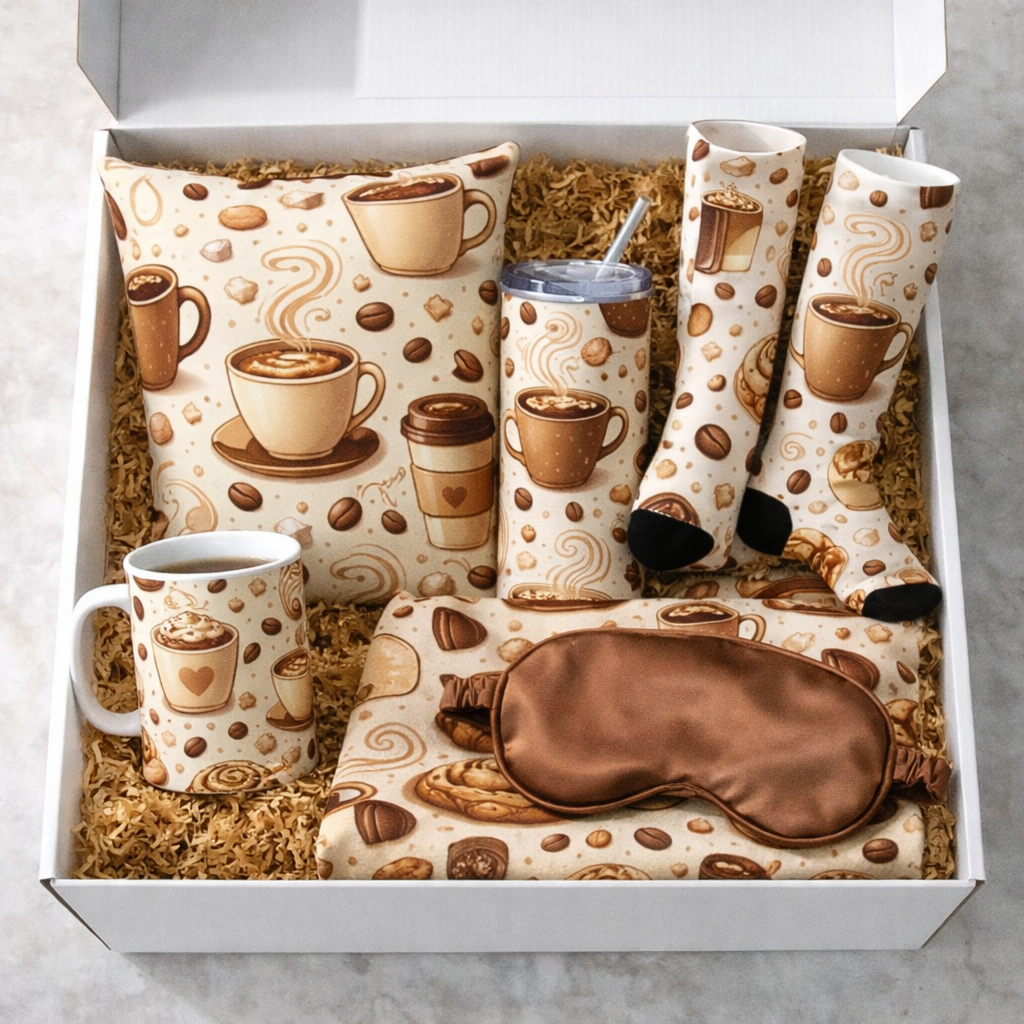 Cozy Coffee Lover Gift Box Set – Mug, Tumbler, Blanket, Pillow, Socks & Sleep Mask Bundle