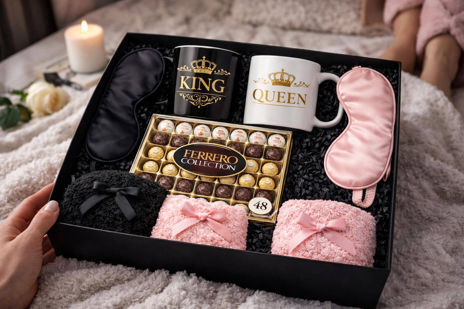 King & Queen Couples Gift Box – Mug Set, Ferrero Chocolate, Cozy Socks & Silk Sleep Masks – Romantic Anniversary or Valentine’s Gift