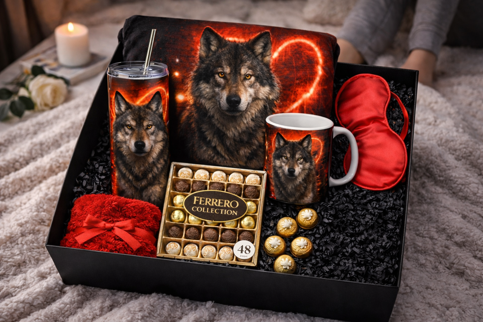 Wolf Lover Gift Box – Wolf Blanket, Wolf Mug & Tumbler, Ferrero Chocolate, Cozy Socks & Silk Sleep Mask – Romantic Gift Set