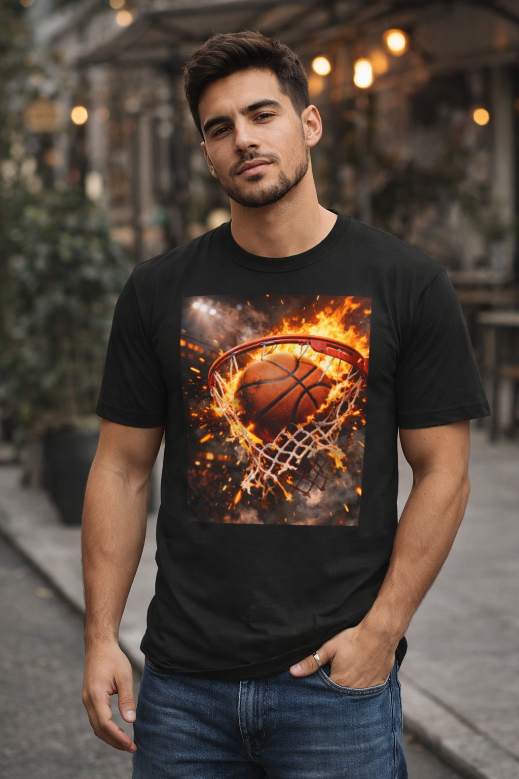 Flaming Basketball T-Shirt | Fire Hoop Basketball Graphic Tee | Basketball Player Gift | Streetwear Sports Shirt | Basketball Lover Tee