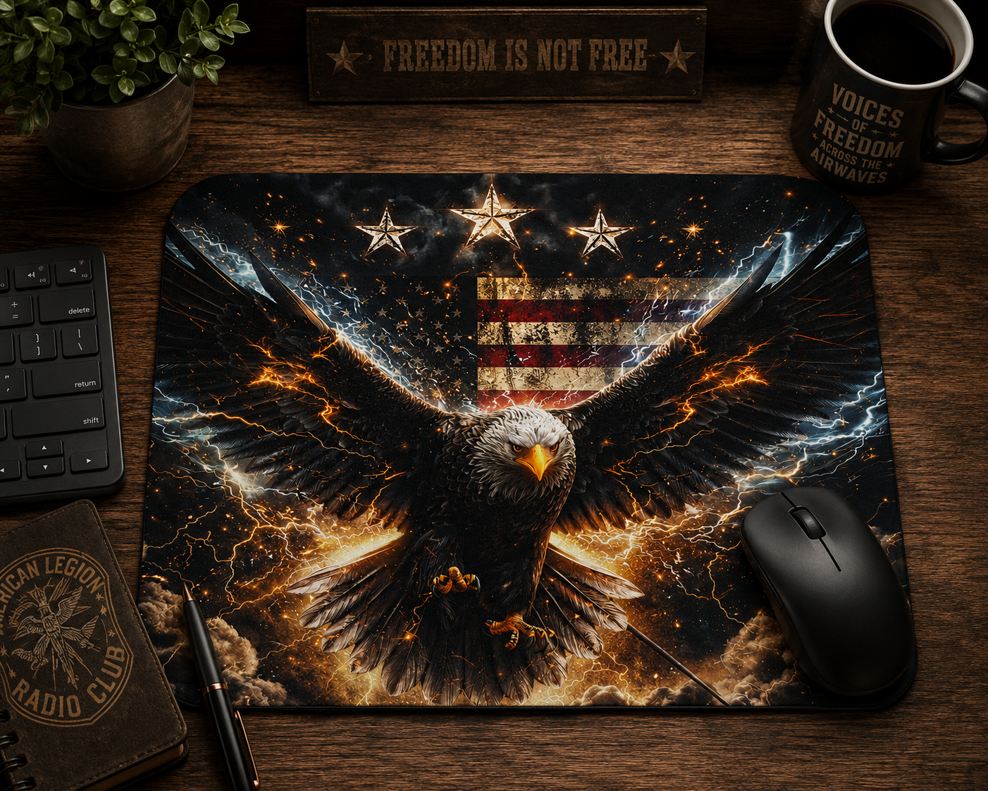 Thunder Eagle Patriotic Gaming Mousepad | American Freedom Desk Mat | Veteran Eagle Lightning Mouse Pad