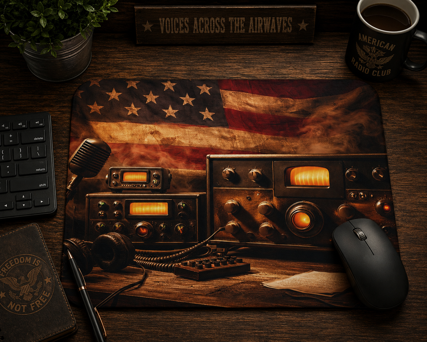 Vintage Ham Radio Patriotic Mousepad | American Flag Radio Desk Mat | Veteran Workspace Decor