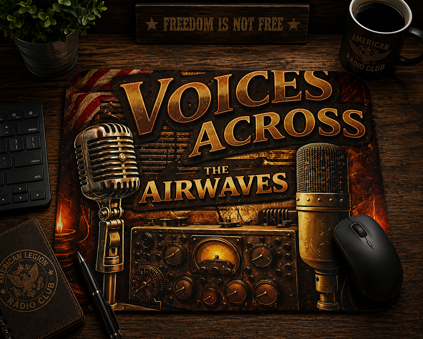 Voices Across The Airwaves Mousepad | Vintage Microphone Patriotic Desk Mat | Veteran Radio Club Decor