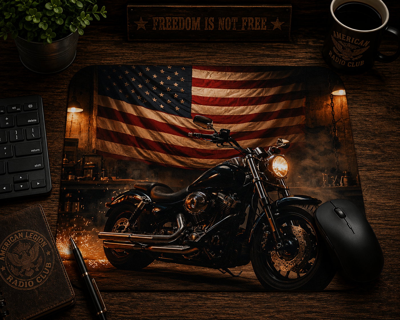 Patriotic Motorcycle Mousepad | American Flag Biker Desk Mat | Veteran Freedom Rider Mouse Pad