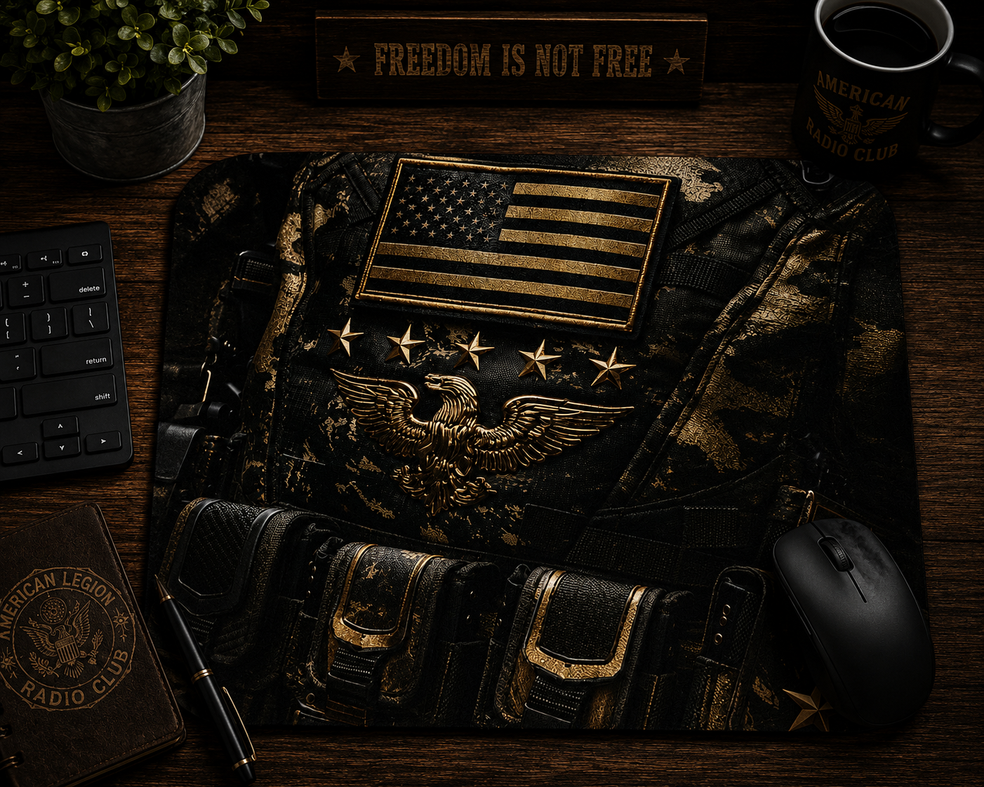 Tactical Eagle Military Mousepad | Black Gold Patriotic Desk Mat | Veteran Tactical Office Decor