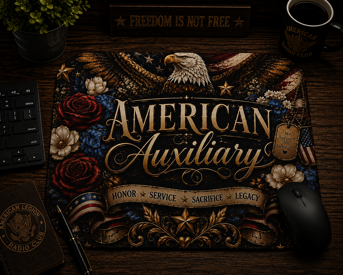 American Auxiliary Patriotic Mousepad | Floral Eagle Veteran Desk Mat | Honor Service Sacrifice Decor