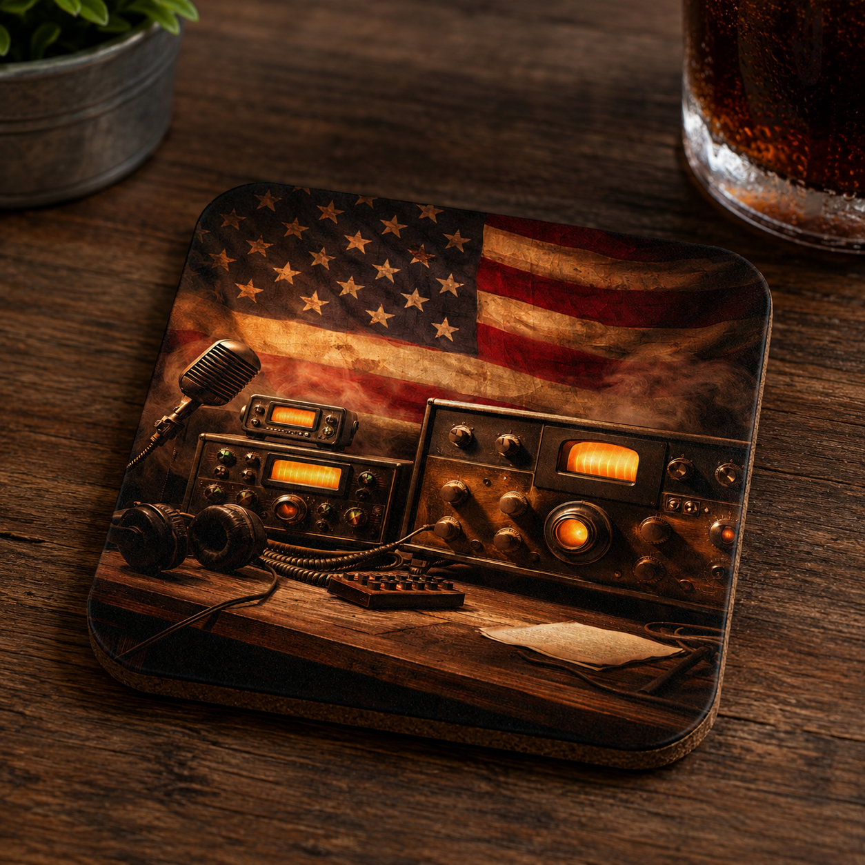 Vintage Ham Radio Patriotic Coaster | American Flag Radio Coaster | Veteran Rustic Drink Coaster