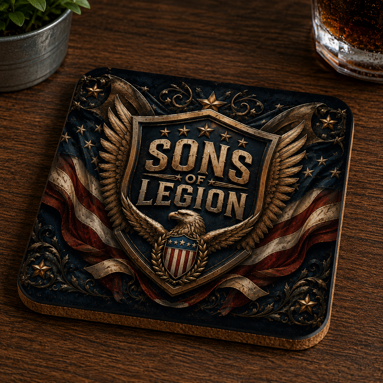 Sons Of Legion Patriotic Coaster | Eagle Shield Americana Drink Coaster | Veteran Bar Decor