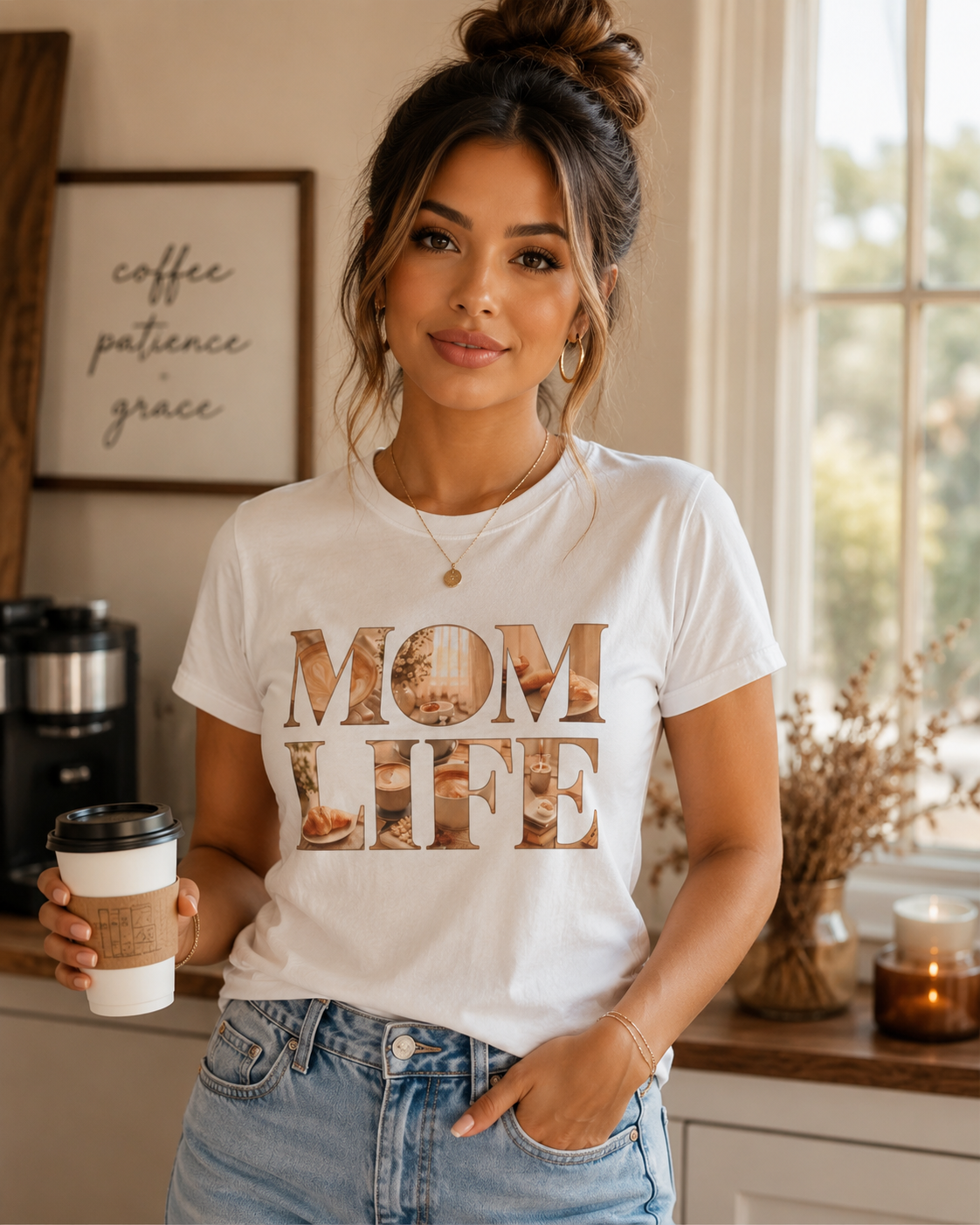 Mom Life Cozy Coffee Aesthetic Graphic Tee | Neutral Beige Minimalist Mom Shirt | Soft Everyday Lifestyle T-Shirt