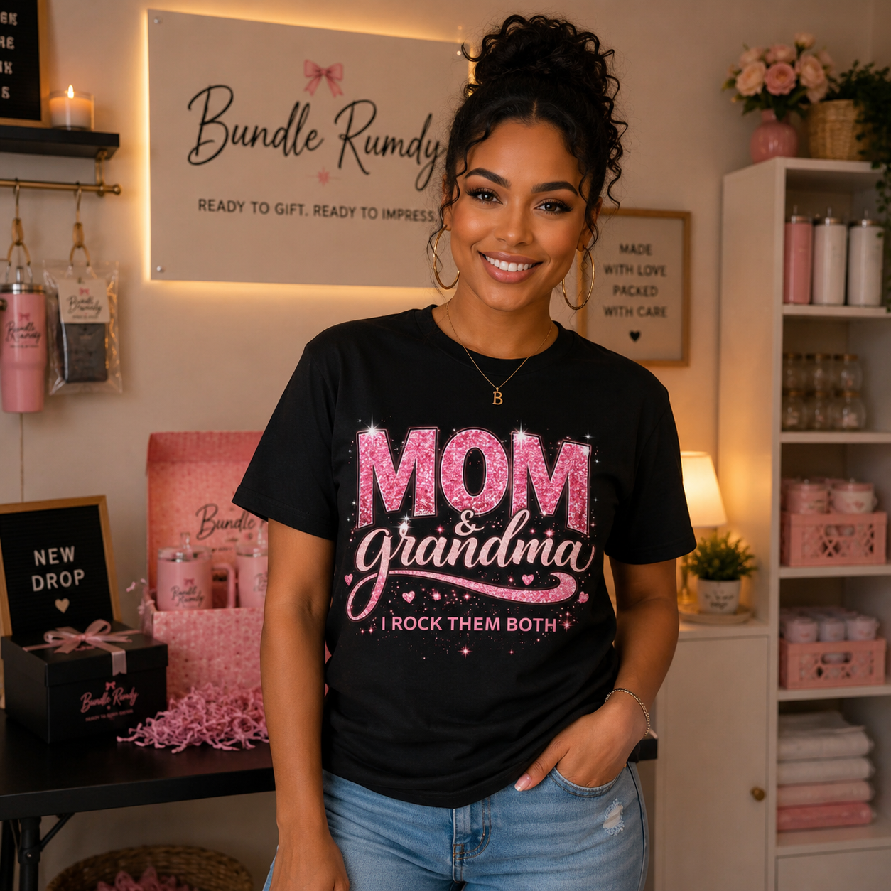 Mom & Grandma I Rock Them Both Glitter Graphic Tee | Cute Pink Mother’s Day Shirt for Moms & Grandmas